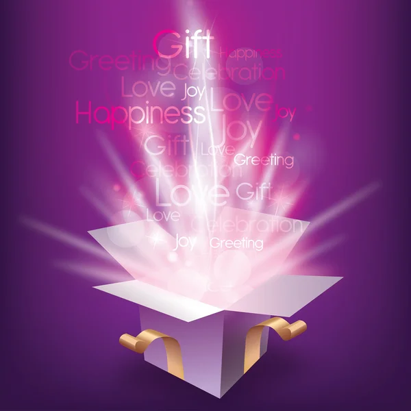 Renkli Noel kartı sihirli hediye kutusu ve mevsimlik kelimeler