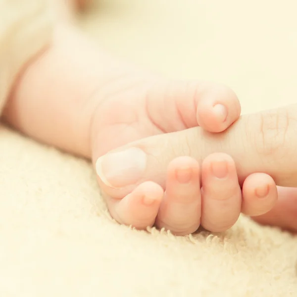 Baby holding mother 's finger — стоковое фото