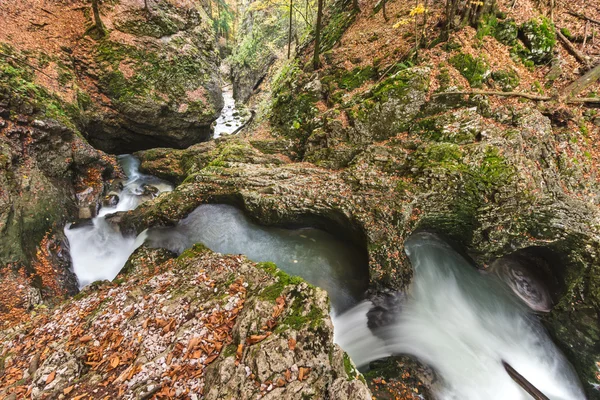 Queda de água na estação de outono localizada na floresta profunda — Fotografia de Stock