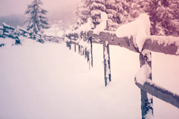 Schneebedeckter Zaun im Schneefall - Transsilvanien — Stockfoto