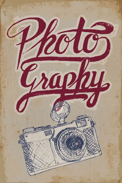 Vintage camera poster with hand-drawn elements and grungy background — Stock Vector