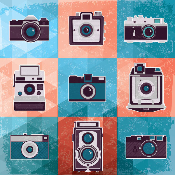 Красочная коллекция ретро-камеры. Винтажная векторная иллюстрация
