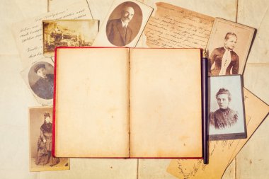 Background with vintage photo, postal card, and empty open book clipart