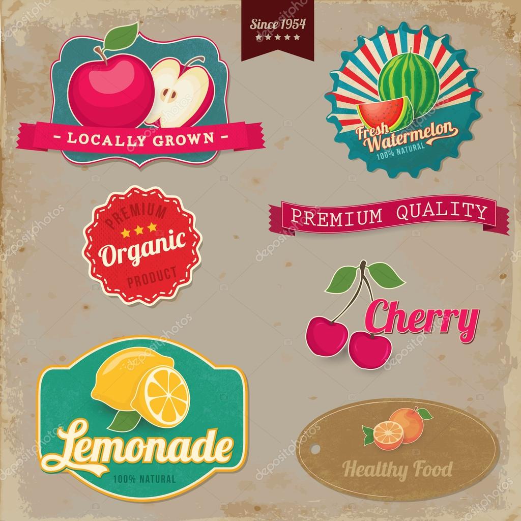 Vintage fruit labels. Vintage tags illustration collection. — Stock