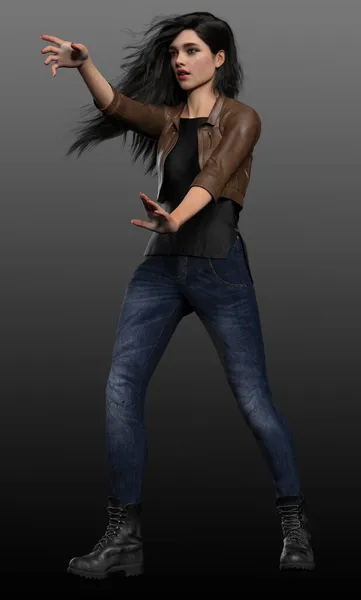 Urban Fantasy Woman Brown Leather Jacket Jeans — Stock Photo, Image
