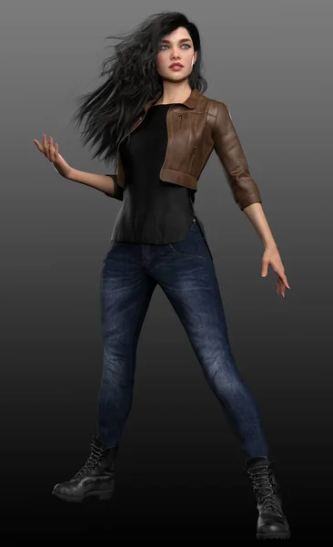 Brown Leather Jacket Jeans Urban Fantasy Woman — 스톡 사진