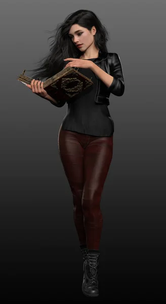 Urban Fantasy Woman in Brown Leather Jacket and Jeans