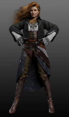 Fantezi Steampunk Kızıl Saçlı Kadın Korsan