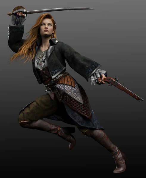Fantasy Steampunk Female Pirate with Blonde Red Hair