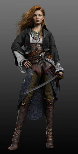 Fantasy Steampunk Female Pirate with Blonde Red Hair