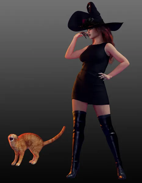 セクシーなハロウィン魔女で短いドレスと魔女の帽子と猫 — ストック写真