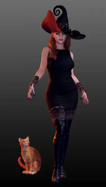 Sexy Halloween Witch Short Dress Witch Hat Cat — 스톡 사진