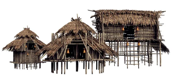 Cgi Jungle Sau Amazon Reed Huts Casa Nativă Stilts — Fotografie, imagine de stoc