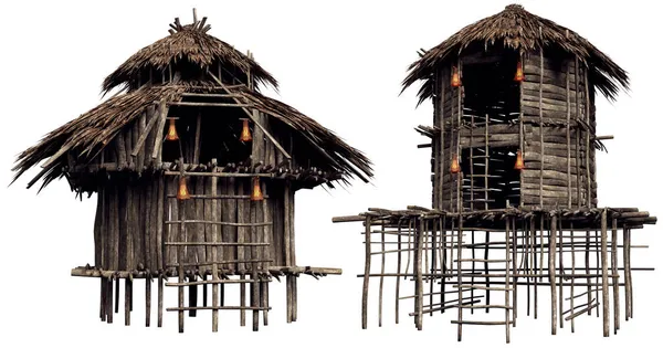 Cgi Jungle Amazon Reed Huts Maison Autochtone Sur Pilotis — Photo