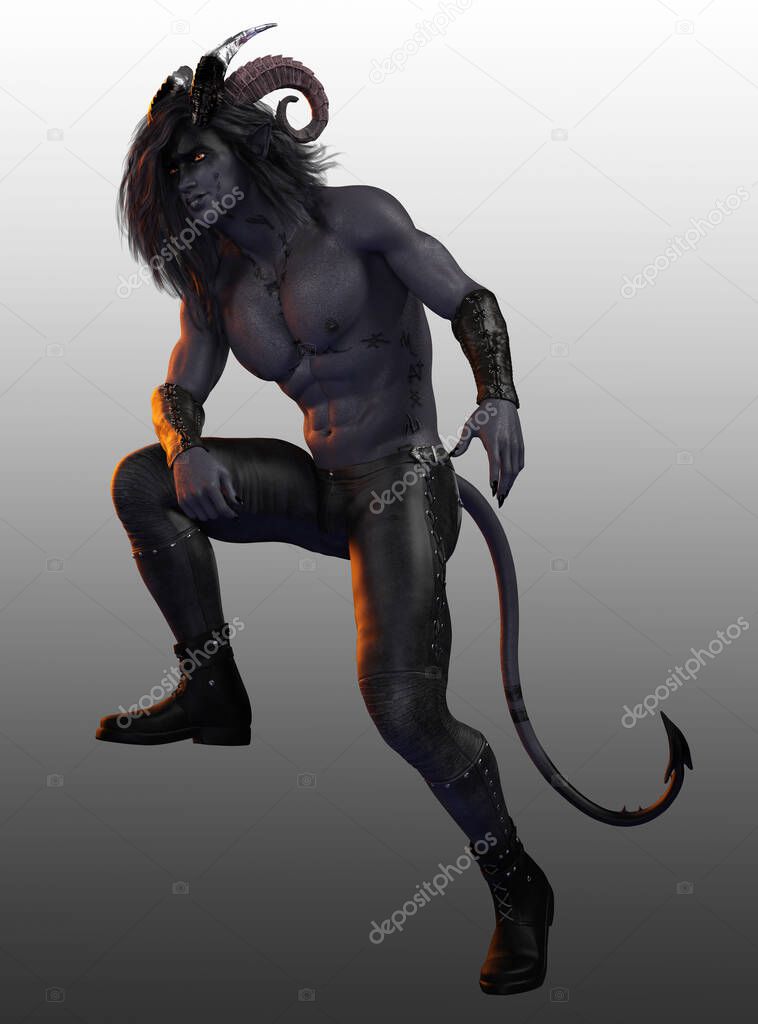 Fantasy Demon or Devil in Leather Pants with horns and tail