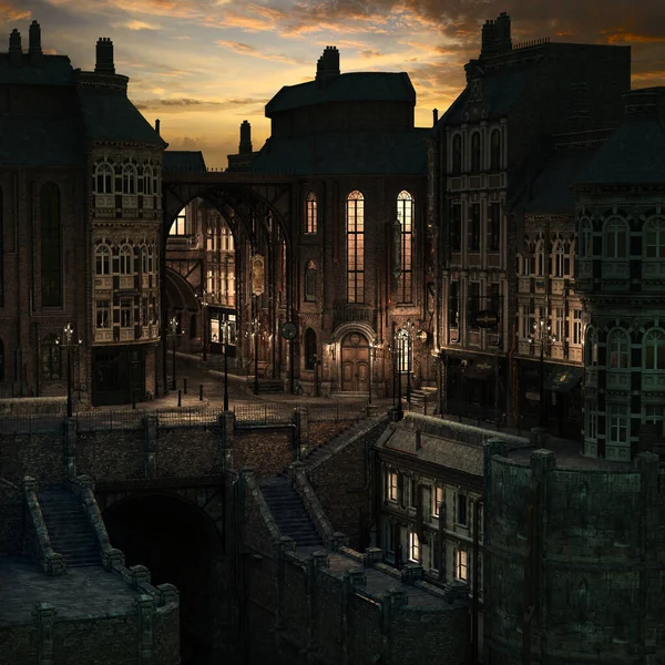 Steampunk Fantasy City Bij Zonsondergang — Stockfoto