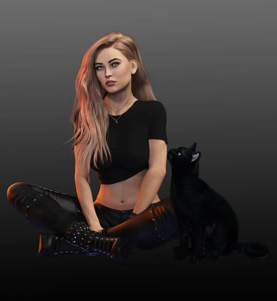 Seksikäs Blondi Noita Musta Kissa Pitkä Blondi Hiukset — kuvapankkivalokuva