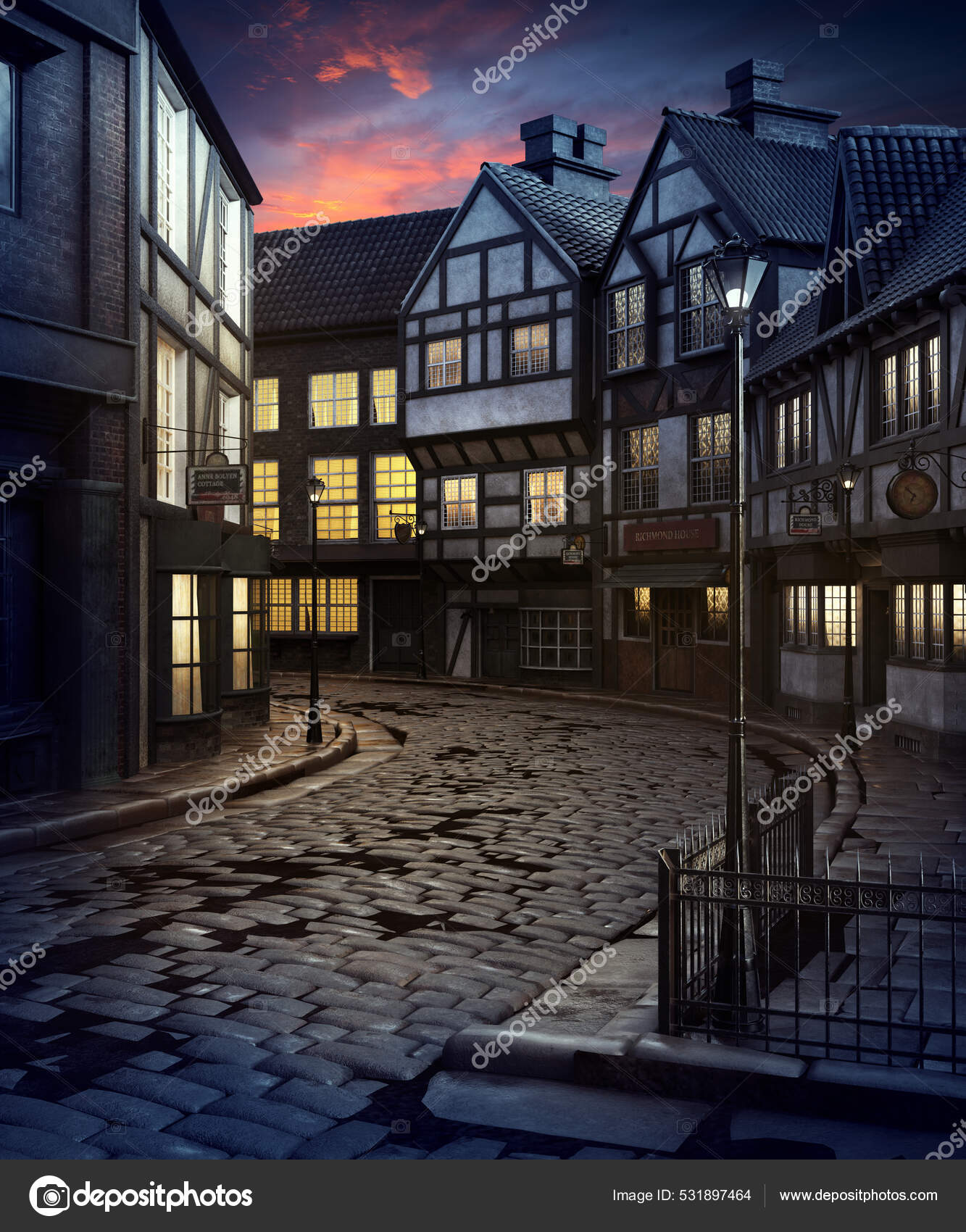 Cgi Old London Victorian Street Por Noche Steampunk Vintage — Foto de stock  #531897464 © Ravven, image size:1333x1700