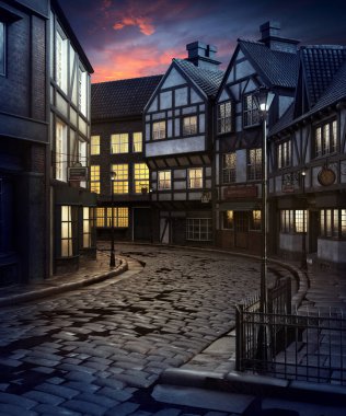 CGI Eski Londra Viktorya Sokağı Gece, Steampunk Vintage