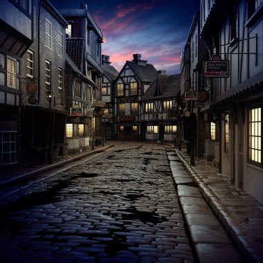 CGI Eski Londra Viktorya Sokağı Gece, Steampunk Vintage