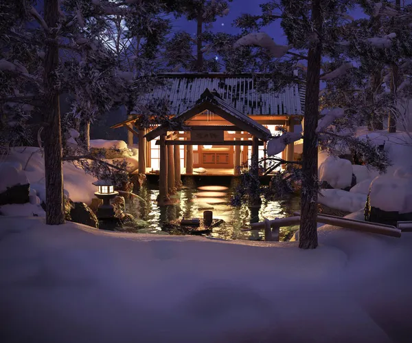 CGI Fantasy Japanese Spa in Winter at Night