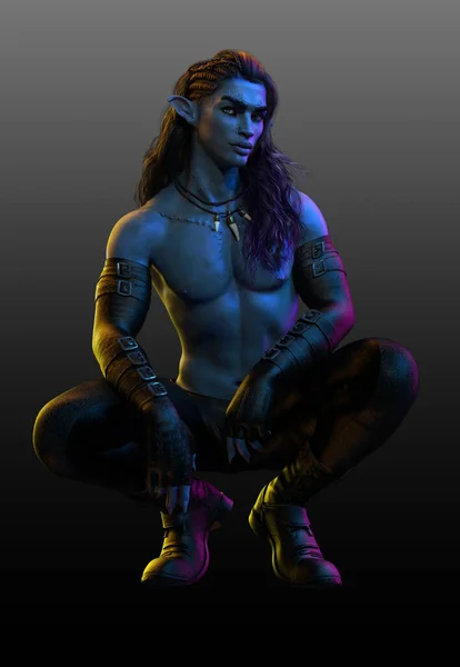 Fantasy Sexy Muscular Demon Alien Man Blue Skin — Stock Photo, Image