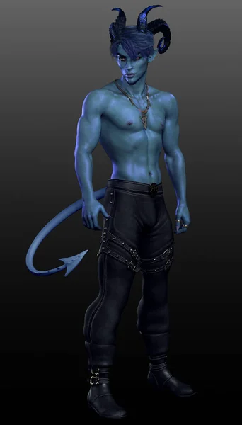 Fantasy Sexy Muscular Demon Alien Man Blue Skin — Stock Photo, Image