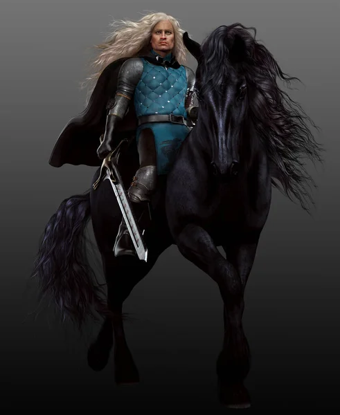 Fantasy Mounted Medieval Knight Black Friesian Stallion — Fotografie, imagine de stoc