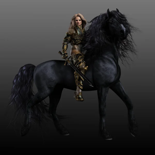 Fantasy Mounted Medieval Knight Black Friesian Stallion — стокове фото