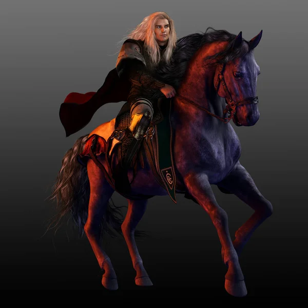 Fantasy Mounted Medieval Knight Black Friesian Stallion — 스톡 사진