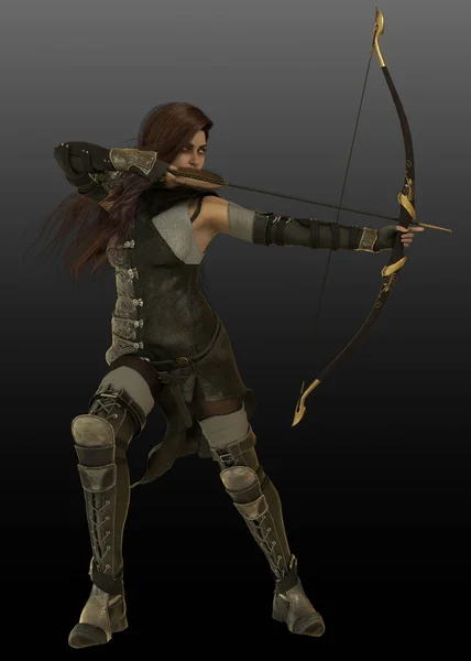 Fantasy Femme Archer Ranger Cuir Armure Avec Cheveux Longs — Photo