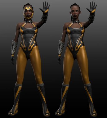 SCi Fi veya Siberpunk POC Kadın Başlıklı Uzay Giysisi