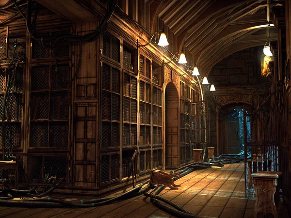 Ancient Sci Fantasy Library Oude Bibliotheek Met Computer Servers Kabels — Stockfoto