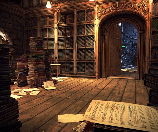 Ancient Sci Fantasy Library Oude Bibliotheek Met Computer Servers Kabels — Stockfoto