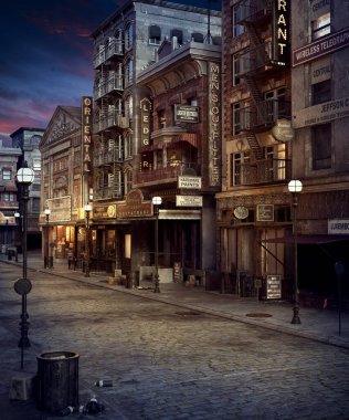 CGI 1920s City Street with Neon Signs and Street Lamps at Night