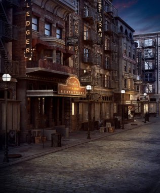 CGI 1920s City Street with Neon Signs and Street Lamps at Night