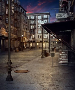 CGI 1920s City Street with Neon Signs and Street Lamps at Night