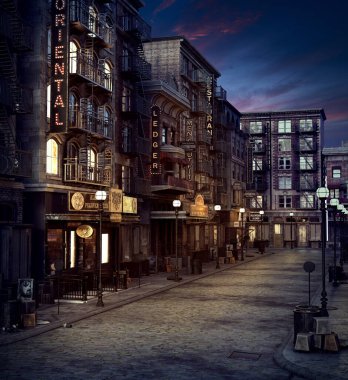 CGI 1920s City Street with Neon Signs and Street Lamps at Night