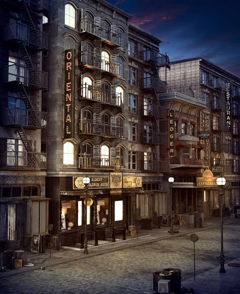 CGI 1920s City Street with Neon Signs and Street Lamps at Night