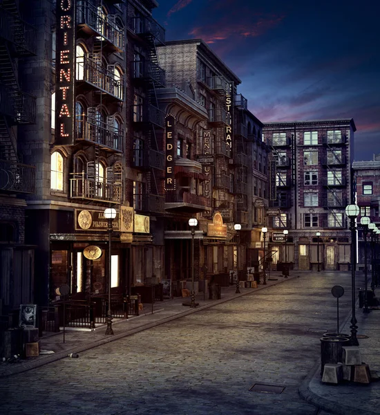 CGI 1920s City Street with Neon Signs and Street Lamps at Night