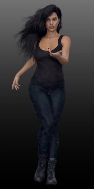 Beautiful Urban Fantasy Woman with Dark Hair in Jeans and Boots