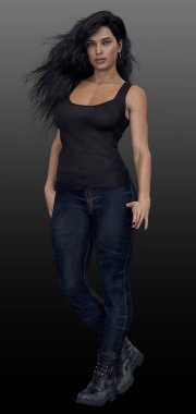 Beautiful Urban Fantasy Woman with Dark Hair in Jeans and Boots