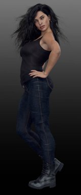 Beautiful Urban Fantasy Woman with Dark Hair in Jeans and Boots