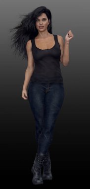 Beautiful Urban Fantasy Woman with Dark Hair in Jeans and Boots