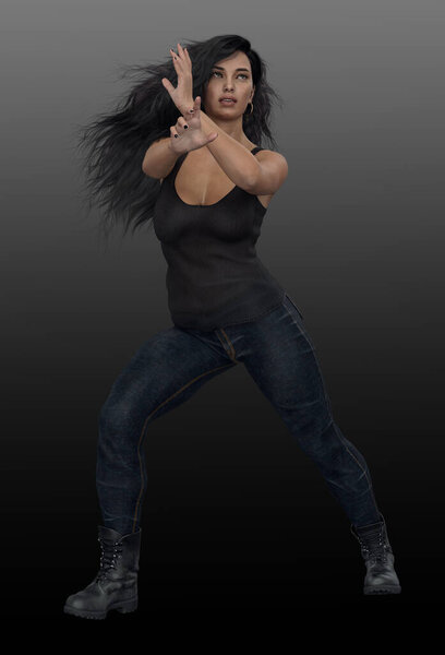Beautiful Urban Fantasy Woman with Dark Hair in Jeans and Boots