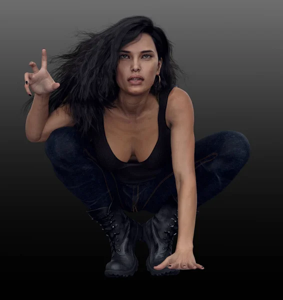 Beautiful Urban Fantasy Woman with Dark Hair in Jeans and Boots