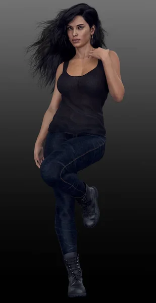 Beautiful Urban Fantasy Woman with Dark Hair in Jeans and Boots