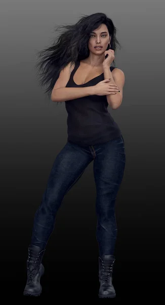 Beautiful Urban Fantasy Woman with Dark Hair in Jeans and Boots