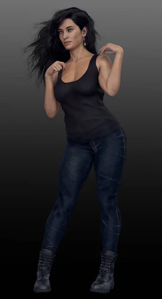 Beautiful Urban Fantasy Woman Dark Hair Jeans Boots — Zdjęcie stockowe