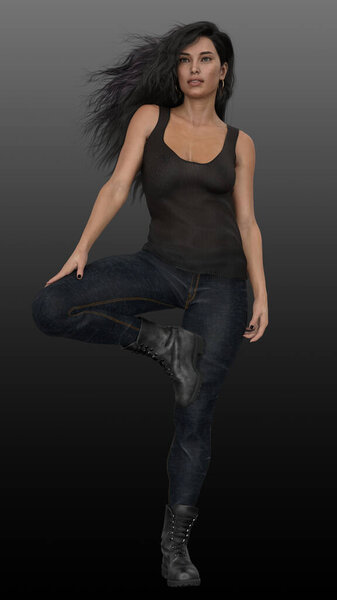 Beautiful Urban Fantasy Woman with Dark Hair in Jeans and Boots